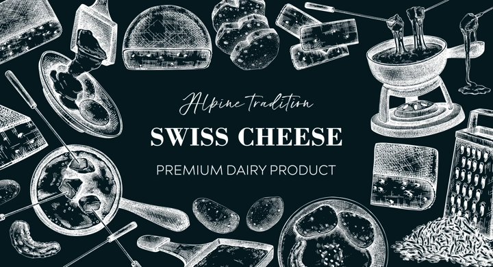 Swiss cheese hand drawn vector illustration. Vintage food background. Fondue and raclette sketches. Perfect restaurant menu, packaging, or prints. NOT AI generated
